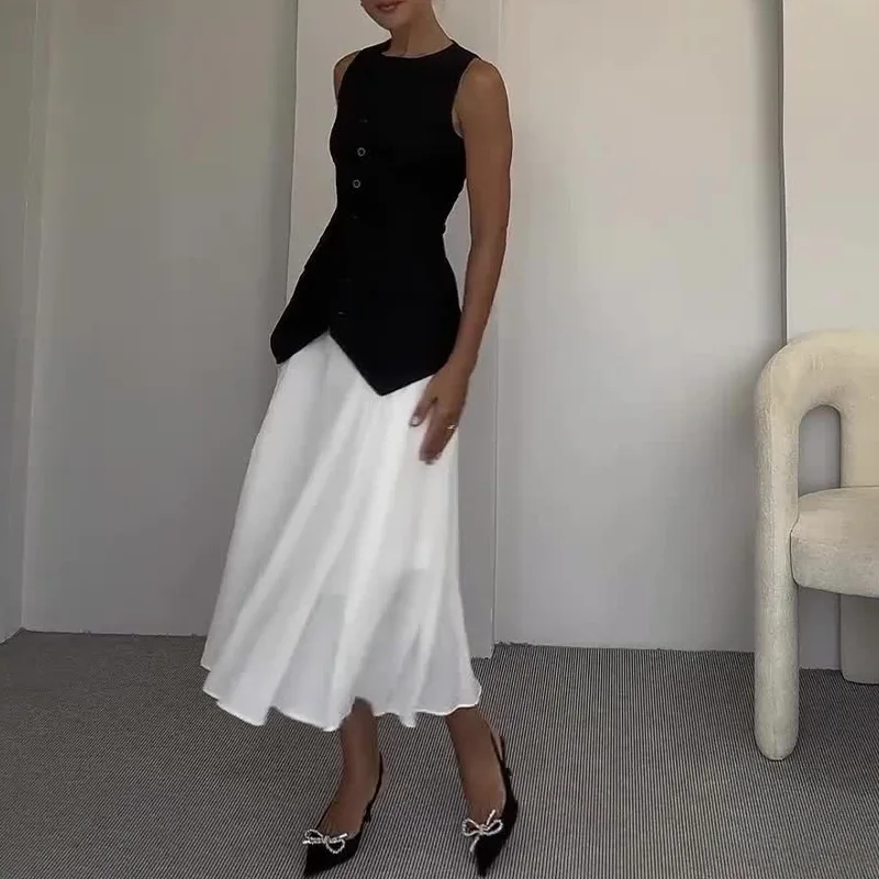 New Sleeveless Vest Long Skirt 2 Piece Set Fashion Waistcoat Top Loose Dress O-Neck Temperament Chic Commuting Women Dress 2025