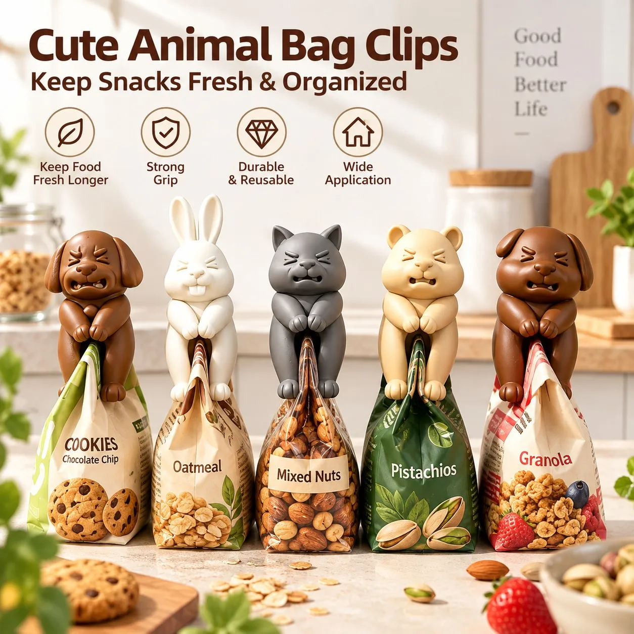 5‑pcs Animal Squad Assorted Cute Pet‑Shaped 3D Sealing Clips, Moisture‑proof Fresh‑keeping Clips for Food Bags