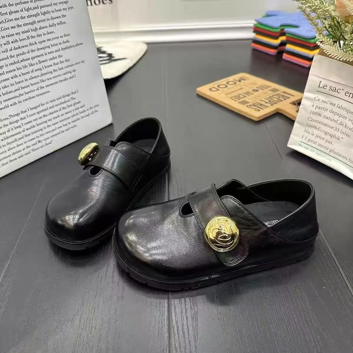 

Retro Belt Buckle Flats Women's Shoes Versatile Chukka Boots British Style Fashionable Personality Thick Heel Black Ultra