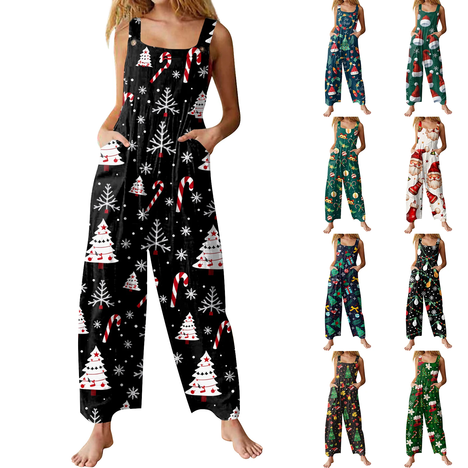 

Trendy Cute Print Sleeveless Jumpsuit Loose Versatile Sling Rompers Jumpsuit With Pocket Christmas New Year Themed Clothing