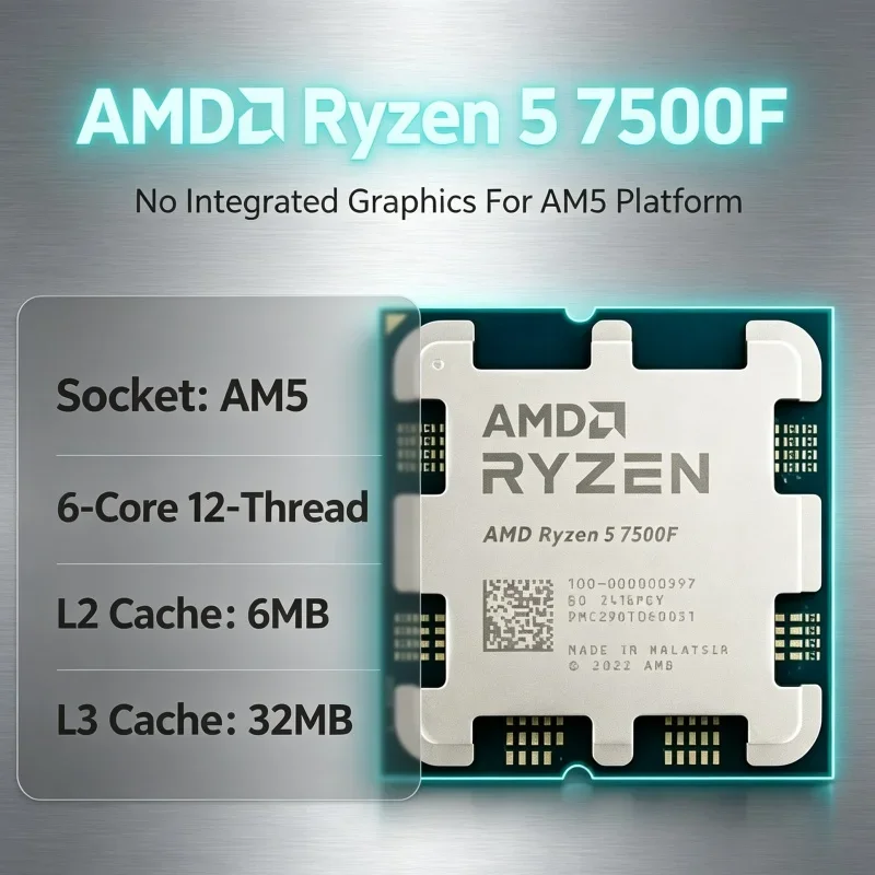CPU AMD Ryzen 5 7500F 6C 12T 5nm 32MB L3 DDR5 AM5 Processor Match RTX 4060 RX 7600 for Balance Game Build