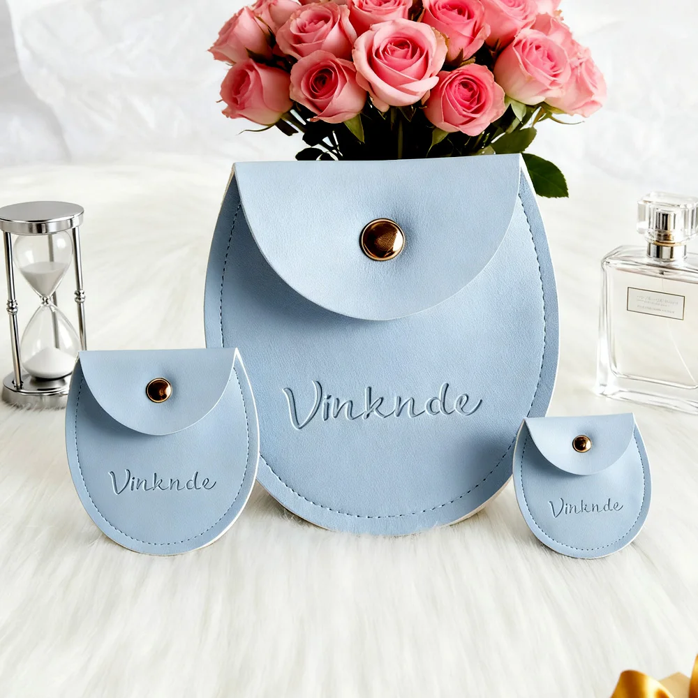 

Custom Logo Luxury Oval Golden Gift Jewellery Bag Waterproof Blue Pu Leather Snap Button Jewelry Pouch for Earrings Rings Pearl