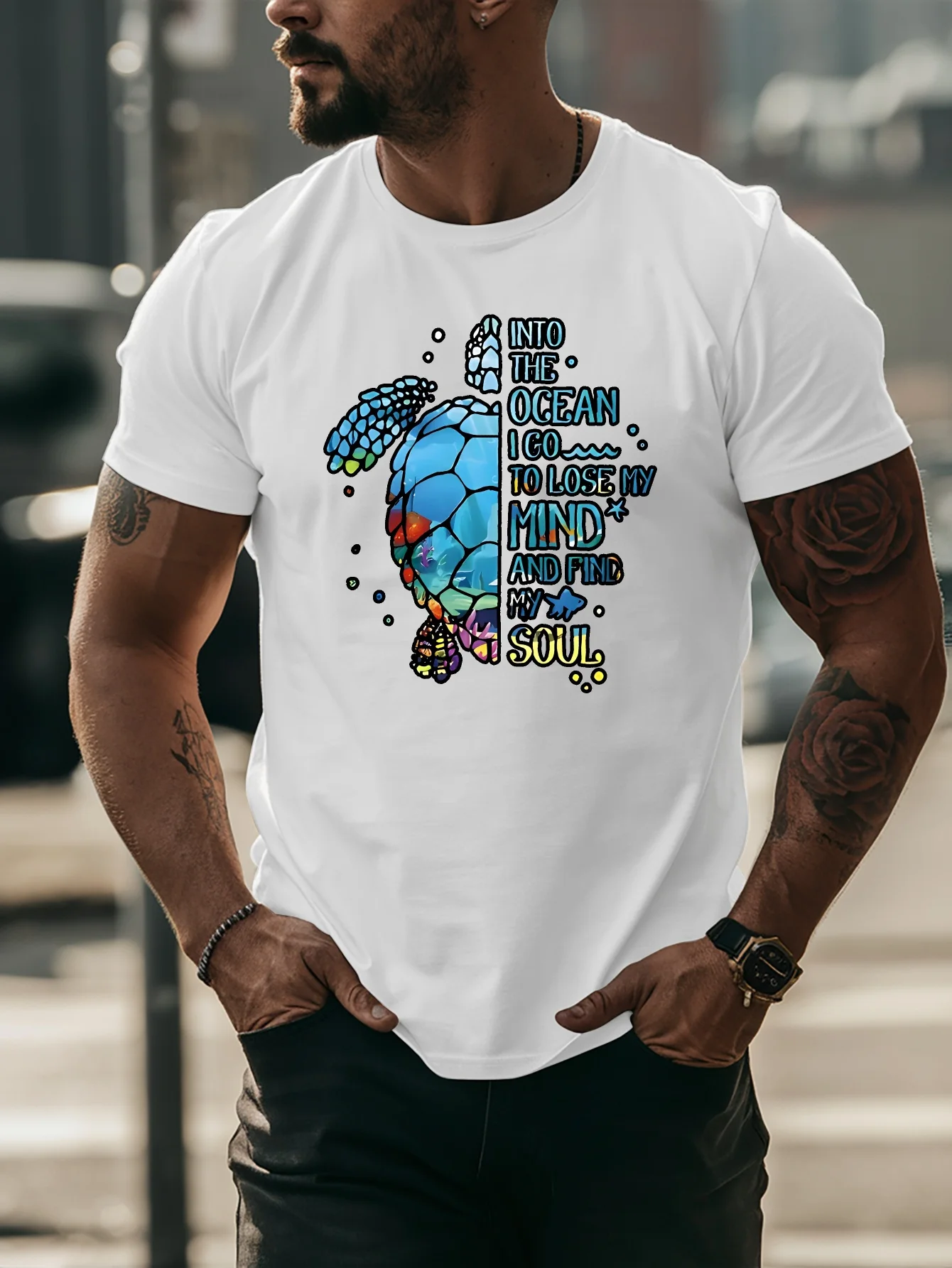 Ocean Slogan Sea Turtle Graphic Mens Crew Neck T Shirt Color Marine Animal Letter Print Short Sleeve Casual Cotton Daily Tops
