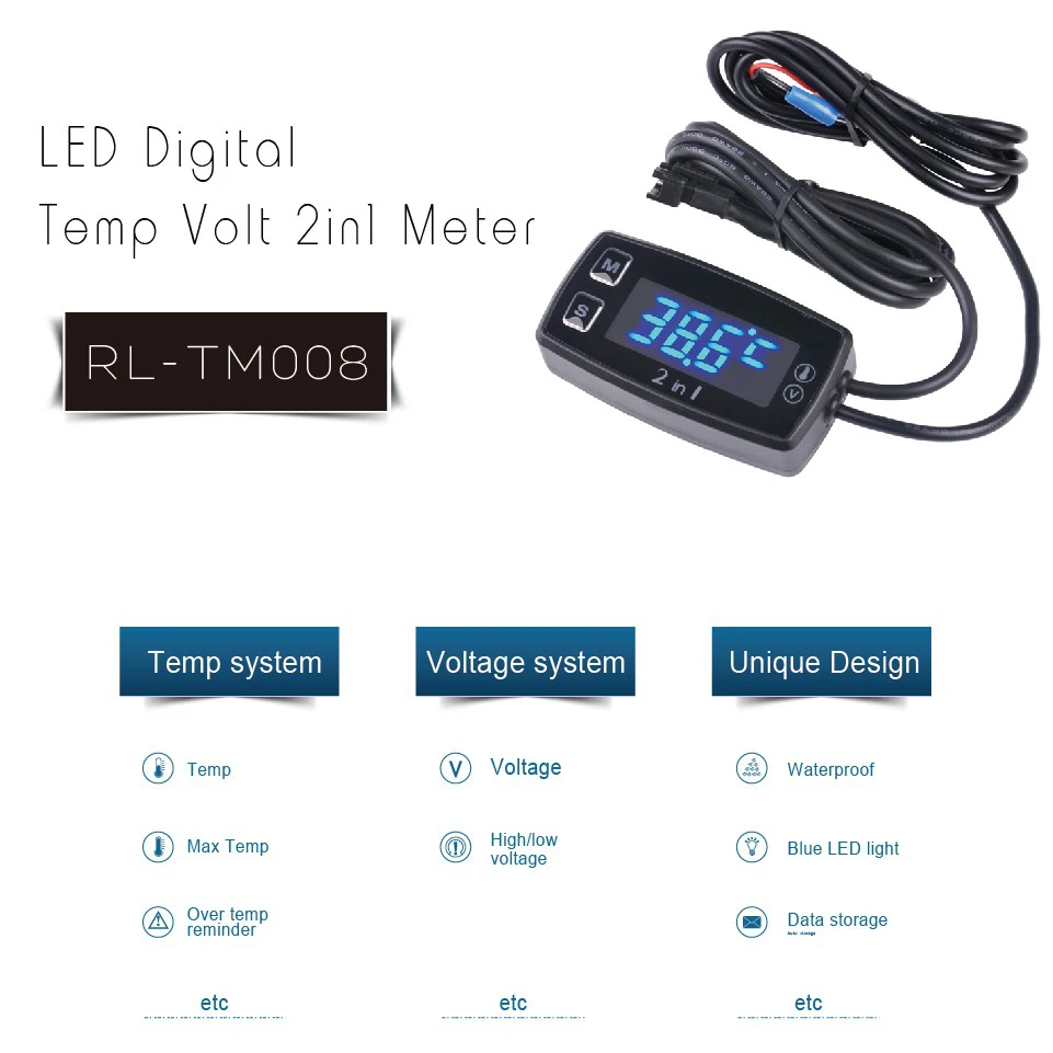 Digital Thermometer Voltmeter LED Temperature Meter Motorcycle Meter for ATV Outboard Glider Lawn Mower Boat Marine