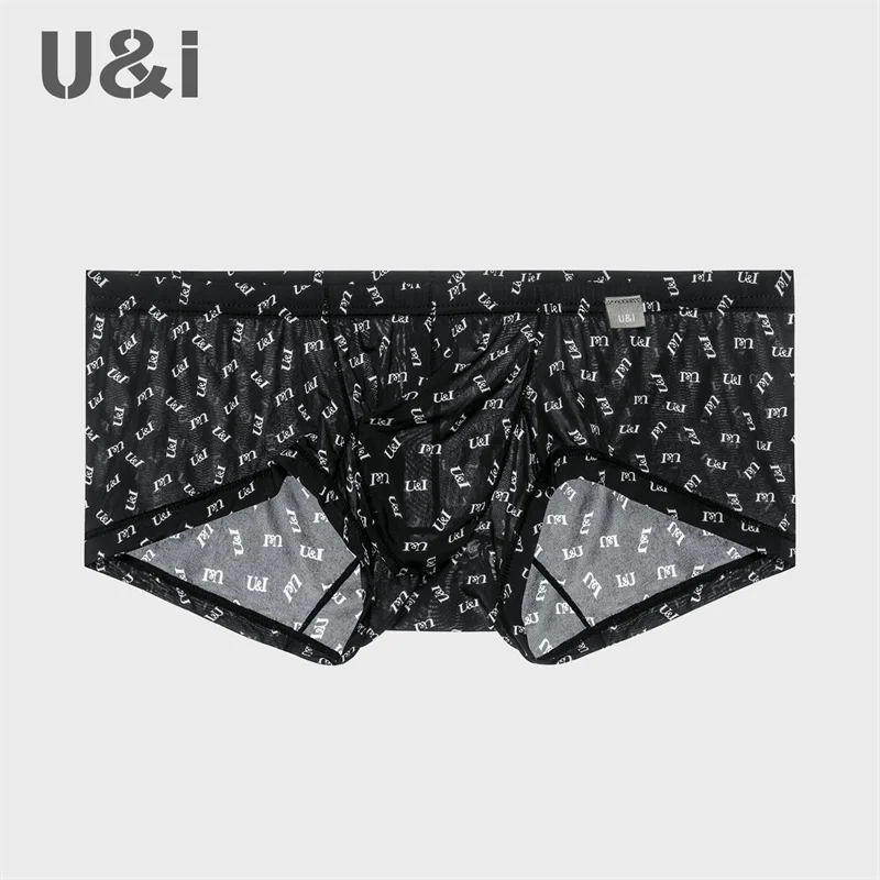 U&I sexy underwear for boys low-waisted thin nylon personalized trendy printed slim U convex small boxer briefs for men