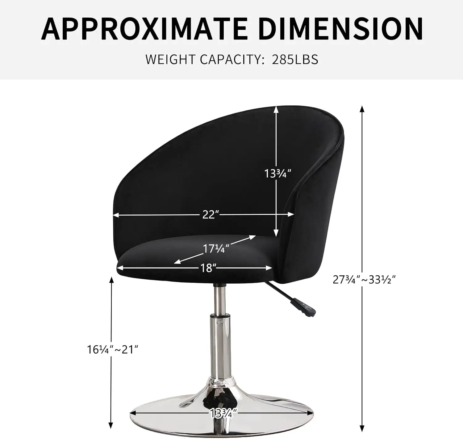 Furnimart Black Velvet Adjustable Height Vanity Chair, Swivel Makeup Chair for Living Room, Bedroom, Dressing Room