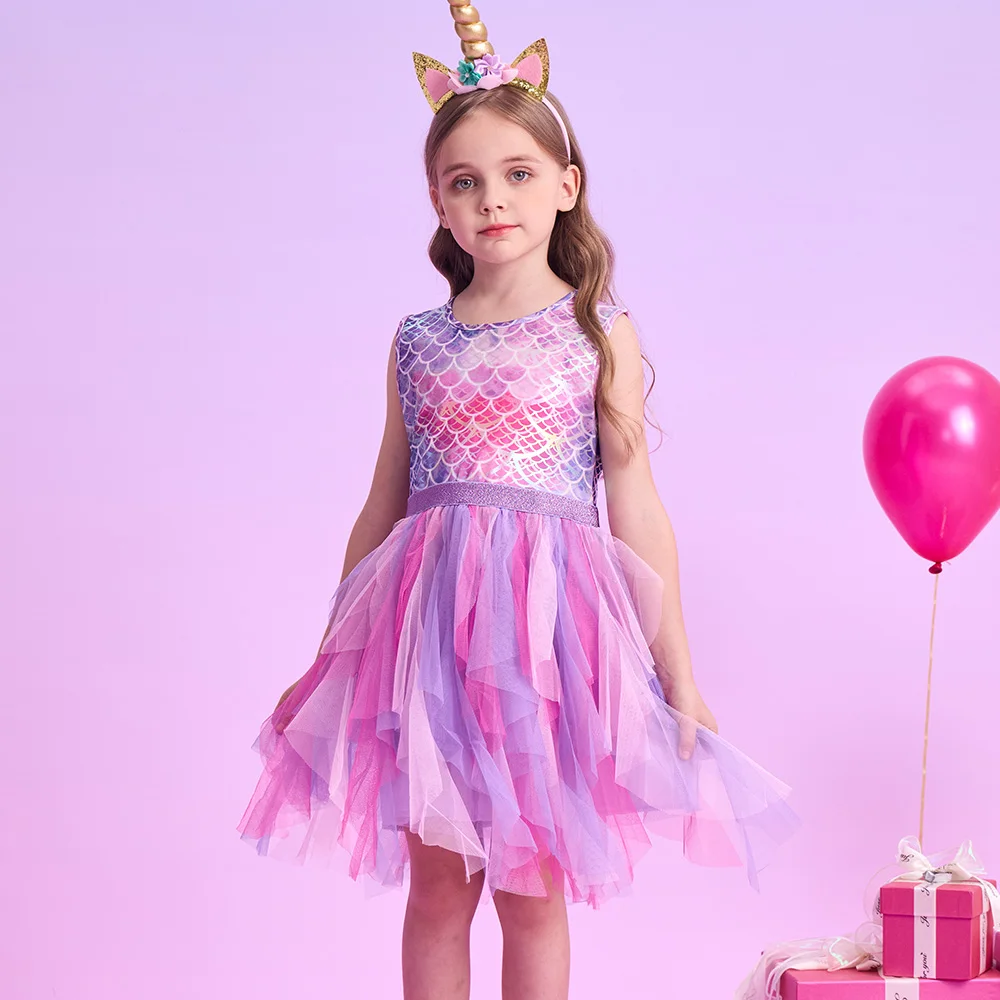 VIKITA Kinder Sommer Ärmellose Kleider Mädchen Meerjungfrauenkleid Mädchen Geburtstagsparty Tutu Mesh Mehrschichtige Kleider Kinderkleidung 3-8 Jahre – Detail 10