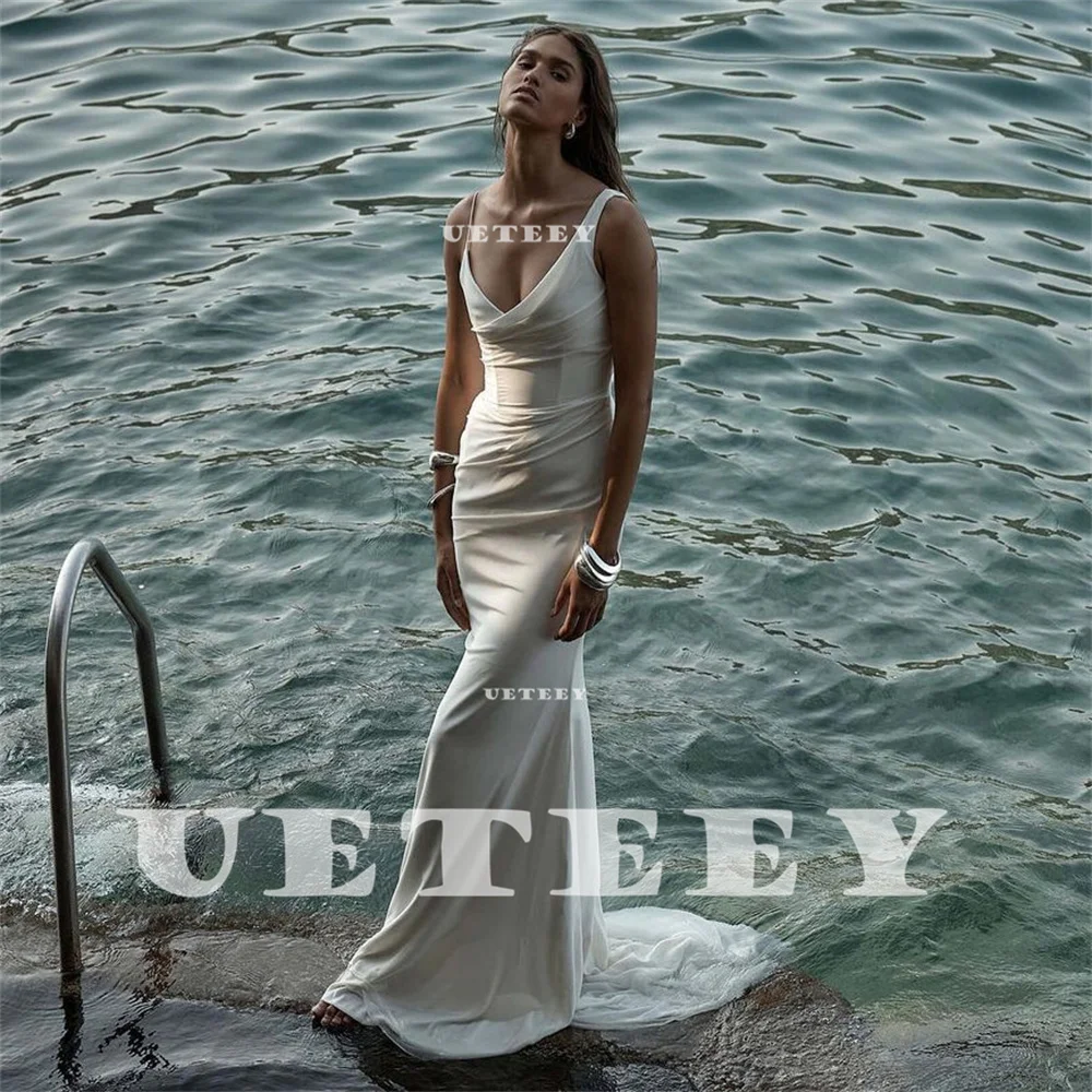 UETEEY Customized Simple V Neck Pleats Asymmetric Crepe Mermaid Wedding Dress Sleeveless Backless Court Train Bridal Gown