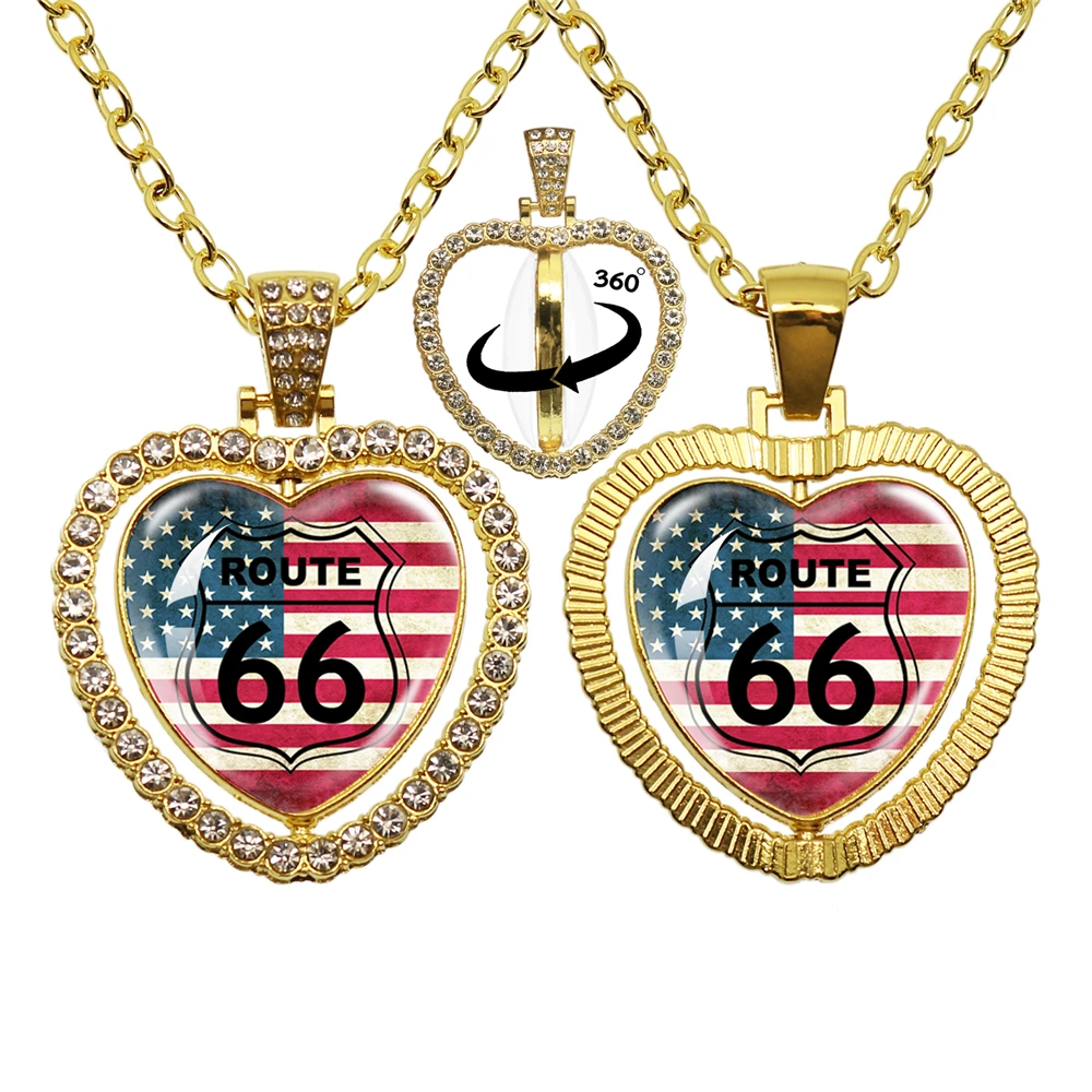 New Route 66 Motorcycle Car Double Sided Necklace 360 Degree Rotating Heart Shaped Pendant For Friends Gift Jewelry