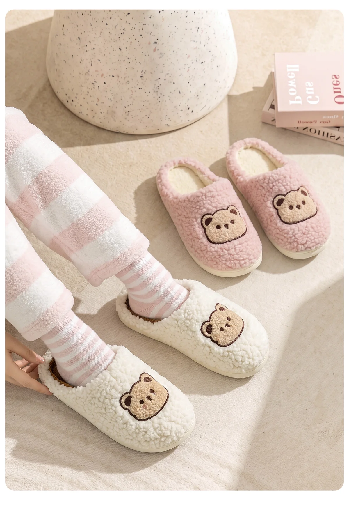 Antibakterielle Bären-Plüsch-Hausschuhe für Damen, Weiche Flauschige TPR-Sohle, Rutschfest, Warme Slip-On Winter-Hausschuhe für Drinnen – Detail 13