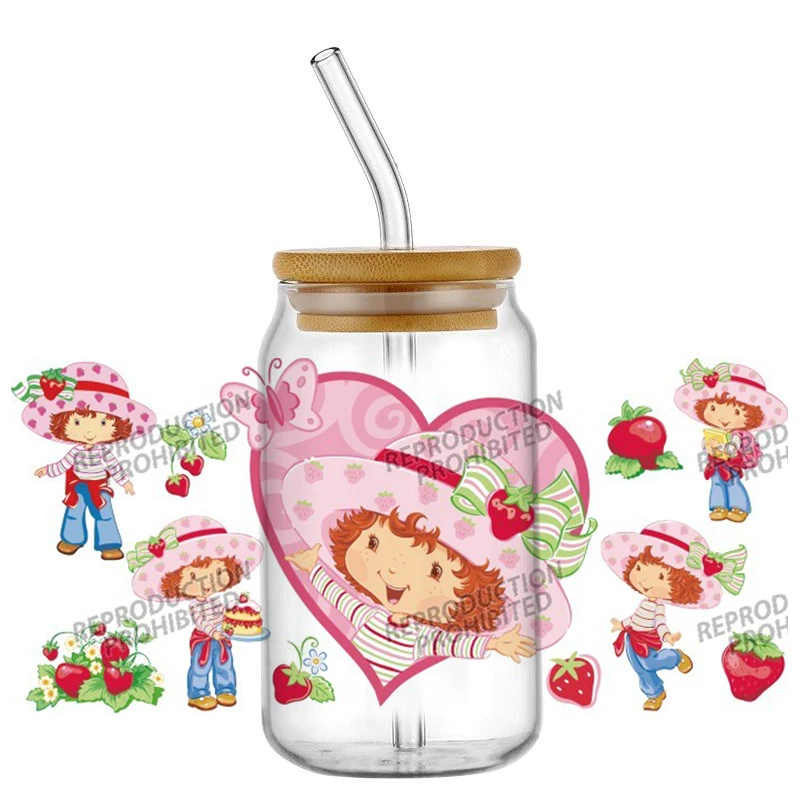 Vintage Strawberry Character UV DTF Transfer Wraps for 16oz Glass Cup No Heat Press Required Waterproof Decal