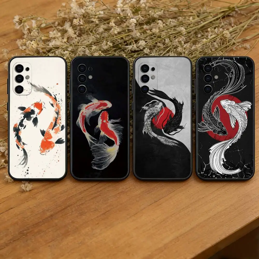 Funda de teléfono con diseño de carpa Koi para Samsung S25, S24, S21, S22, S23, S30, Ultra, S20, Plus, Fe, Lite, Note, 10, color negro