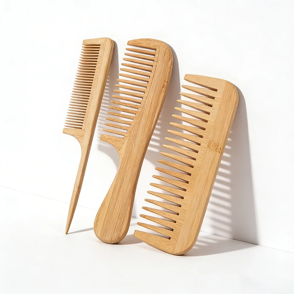 3-Piece Set of Natural Bamboo Comb with Pointed Tail Comb and Wide Tooth Comb, a Natural and Healthy Hair Care Styling Comb