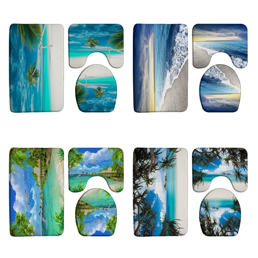 

Beach Palm Tree Anti Slip Bath Mat Set Flannel Toilet Lid Cover Sea Waves Ocean Scenic Doormat Carpet Bedroom Rug for Home Decor