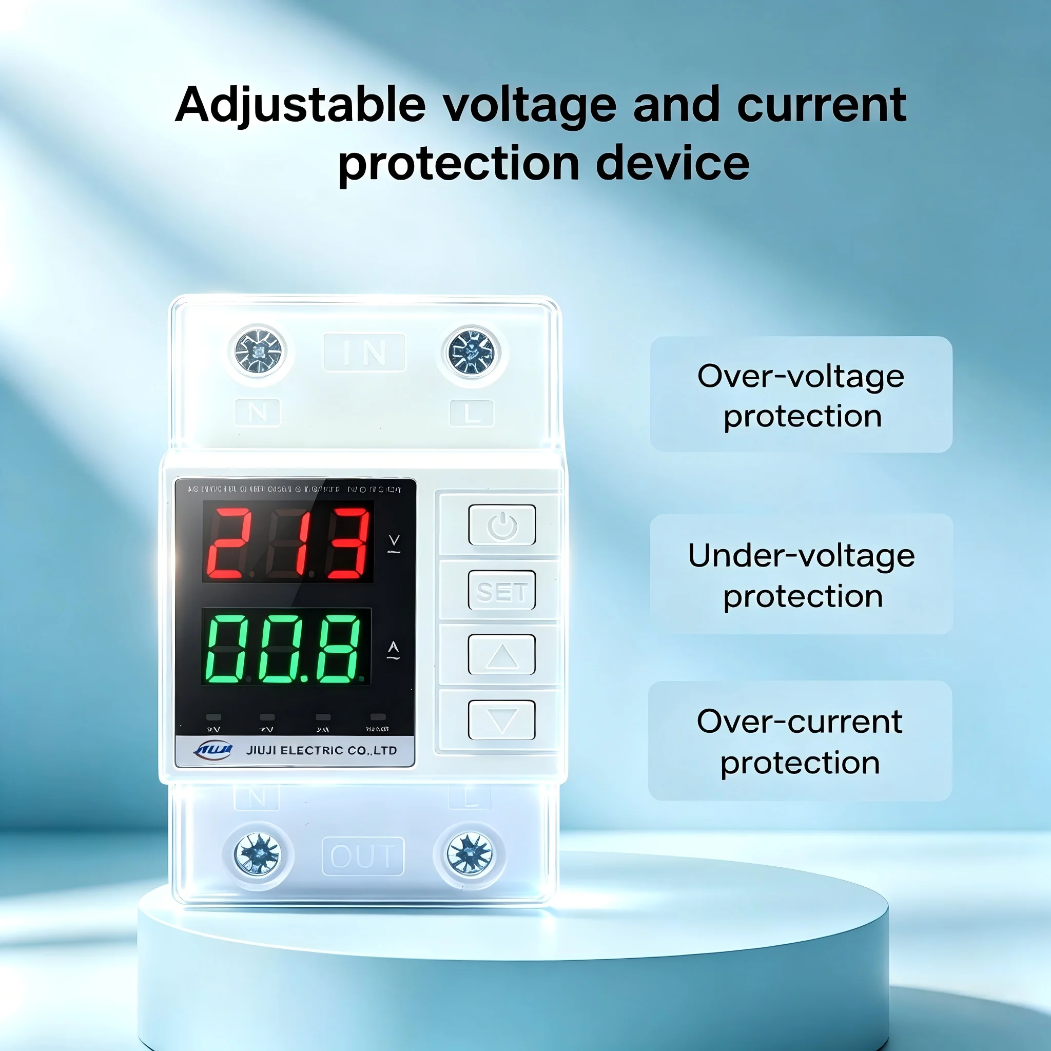 JIUJI JJVAPD1-63D Dual Relay Protection Device Adjustable Voltage Current L+N Double Break Overvoltage Undervoltage Protector