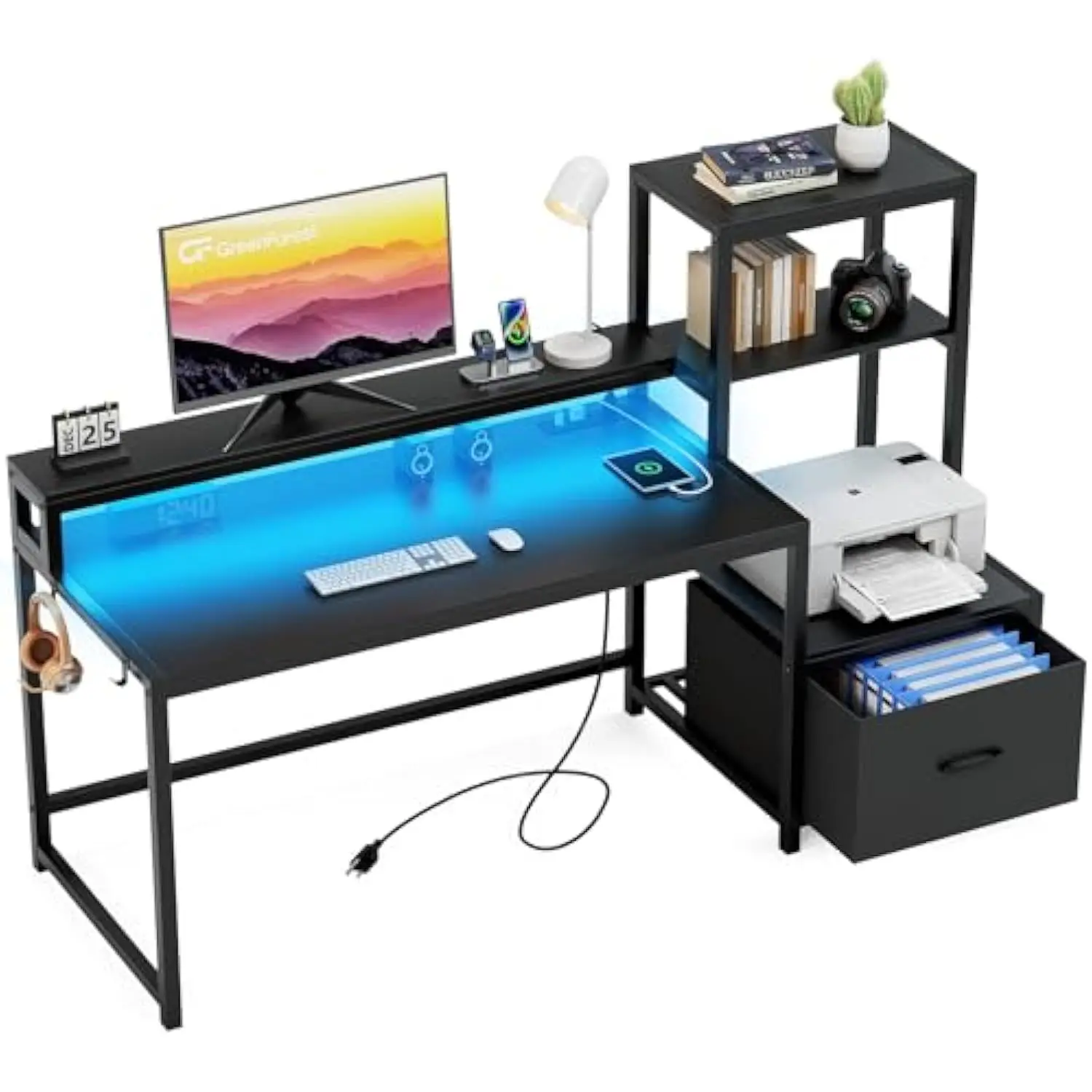 

GreenForest Office Desk with Power Outlets and Printer Shelf, 59 inch Computer Desk with LED and Drawer, Reversible Gaming Desk