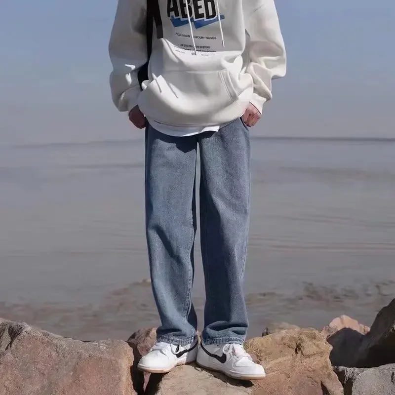 2023 Autumn New Men Jeans Loose Trendy Solid Color Straight Leg Draped Plus Size Teenagers Casual Comfortable Long Denim Pants