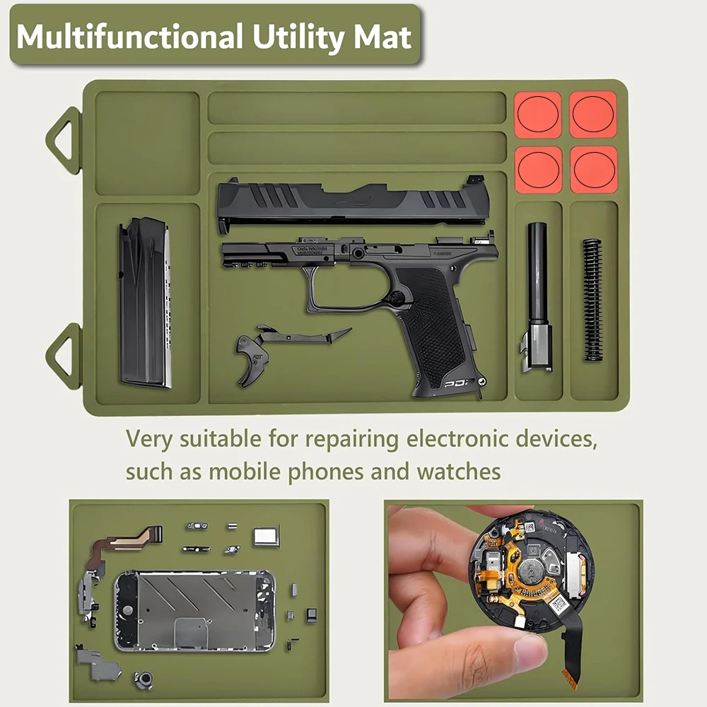 حصيرة تنظيف المسدس، وسادة إصلاح صيانة المسدس المغناطيسي مع صواني للأجزاء الصغيرة، حصيرة منضدة واقية مطاطية مضادة للانزلاق