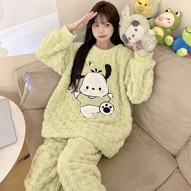 Cartoon Kuromi 2 Stuks Pyjama Set Kawaii Sanrio Anime Vrouwen Pluche Homewear Winter Dikker Lange Mouwen Broek Meisjes Leuke warm Houden