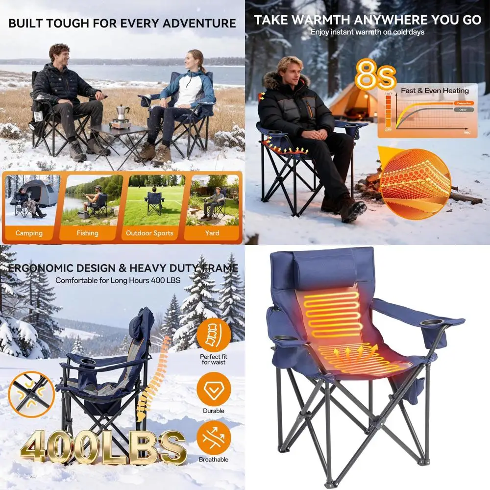 

Portable Folding Camping Chairs with 3-Level Heating, Cup Holders, and Pillow, Ideal for Outdoor Activities in Navy Blue