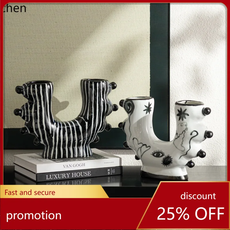 

CZ Black and White Double Mouth Hand-painted Ceramic Vase High-end Art Flower Arrangement Living Room Dining Table Vase