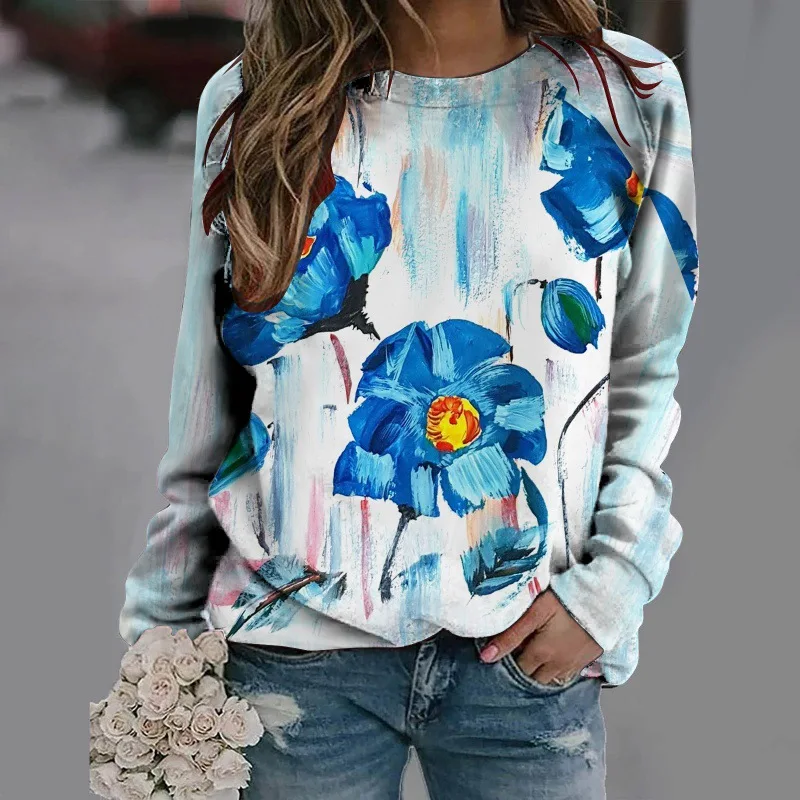 Women\'s Flower Painted Printing Round Neck Long Sleeve Sweatshirt Women\'s Hoodie Loose and Versatile Fashion Y2K Women\'s Hoodie