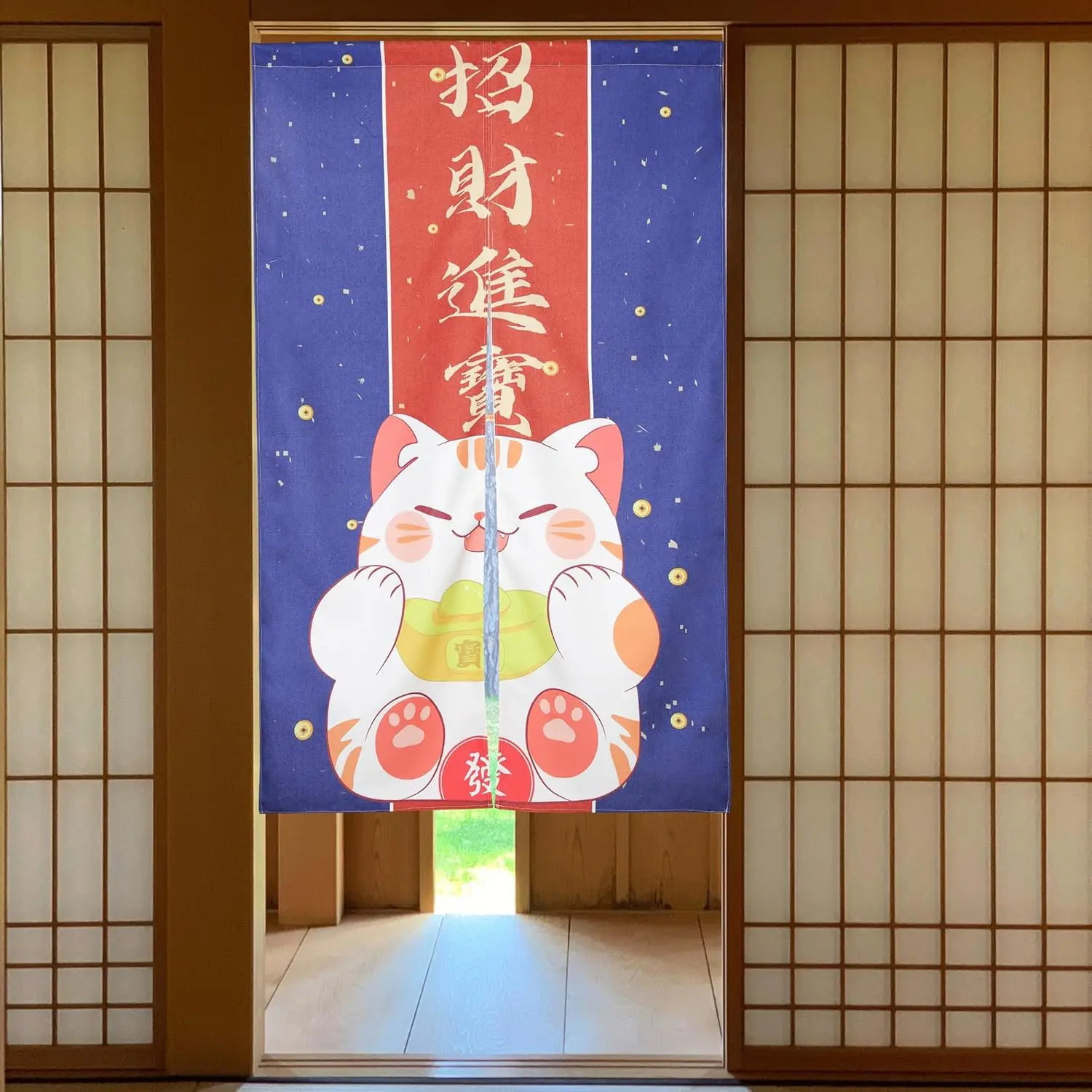 Japanese Lucky Cat Door Curtain, Navy Background Maneki-Neko & Gold Ingot Print, Oriental 