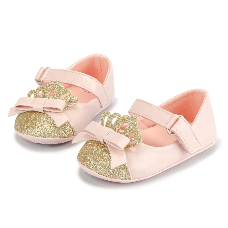 Baby Girl Shoes Crown Bling Baby Pink Princess Shoes Anti-slip Flat Rubber Sole Newborns First Walkers Infant Toddler Girl Shoes