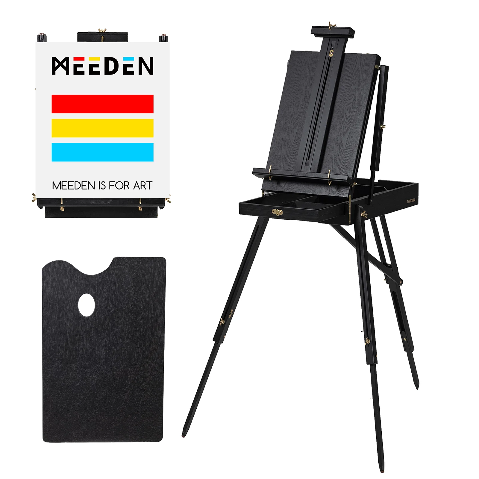 meeden-french-easel-for-outdoor-painting-wooden-plein-air-easel-box-57''-72''-height-adjustable-travel-easel-black