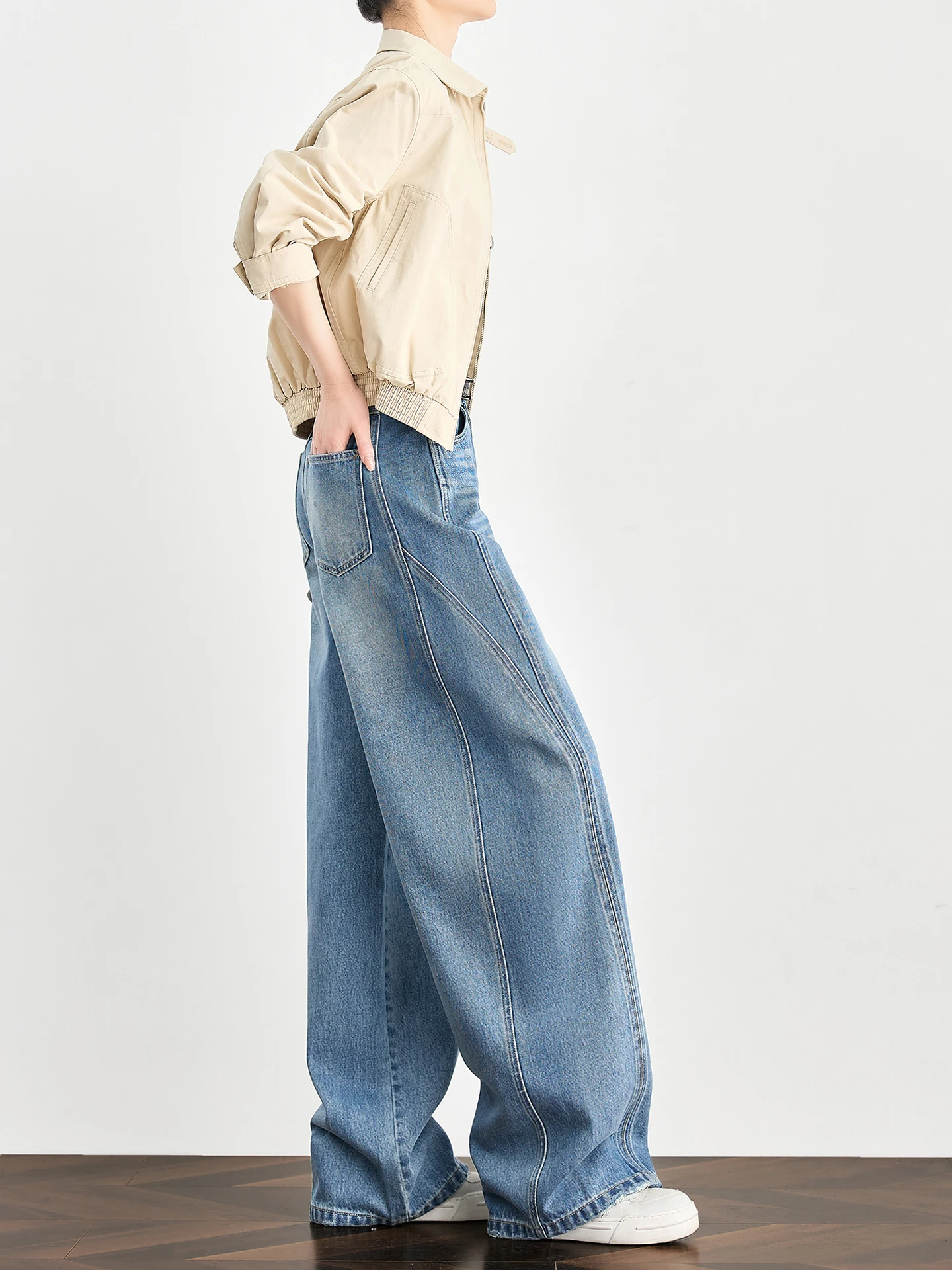 

TUMPUS High Waist Curved Knife Jeans Women's Extended Length Wide Leg Pants Slimming Banana Pants Cotton Commute Sle