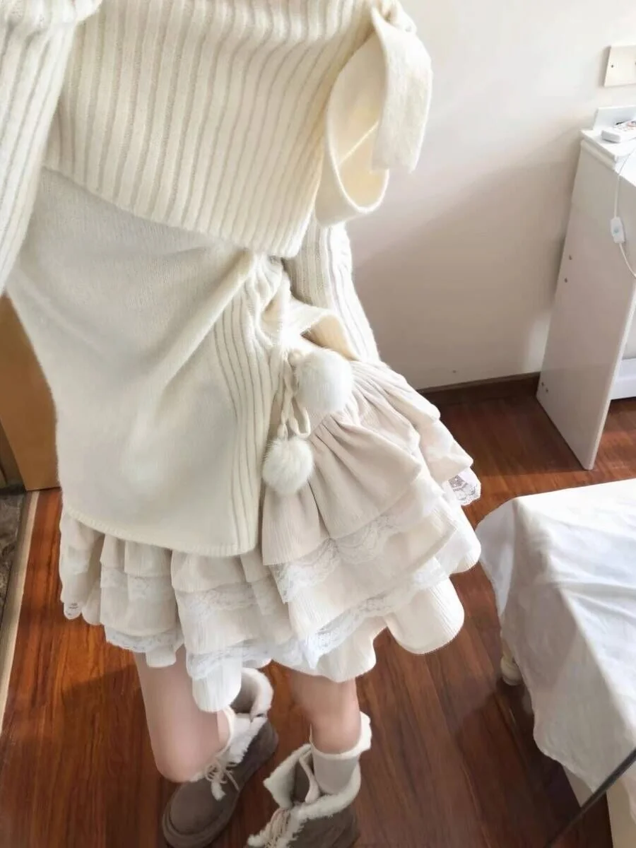 ชุดเซ็ตสองชิ้น ฤดูใบไม้ร่วง ฤดูหนาว ใหม่ล่าสุด เอวสูง สไตล์บริสุทธิ์ กระโปรงทรงเค้ก ดีไซน์หวาน  เสื้อไหมพรมเปิดไหล่ข้างเดียว กระโปรง  เสื้อและกระโปรง