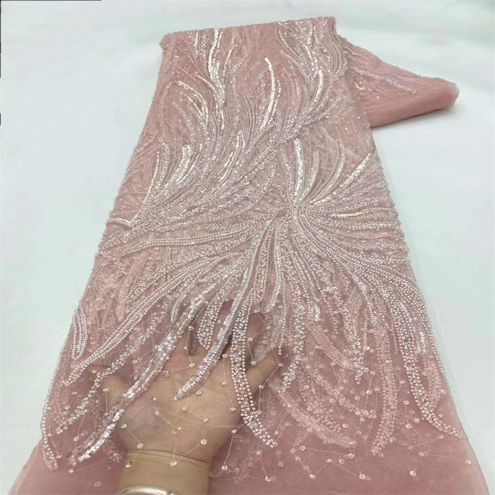 2024 New French Nigerian Swiss High Quality Dubai African With Beads Sequins Lace Fabric for Women Christmas Party Dress Sewing