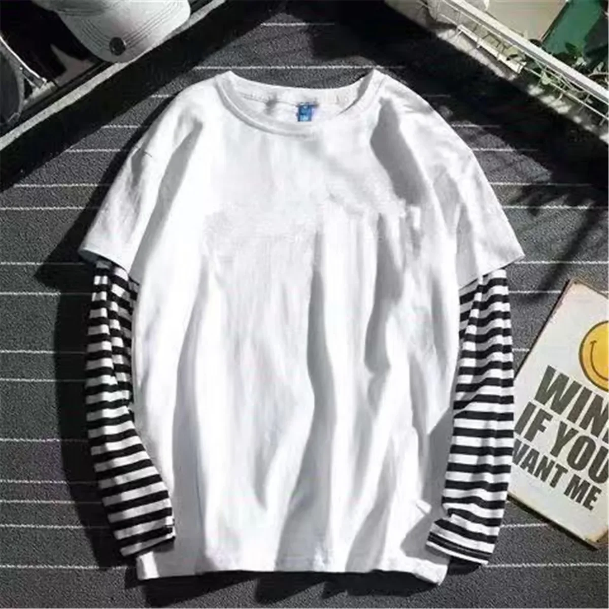 Black Striped Patchwork T-Shirt Men Autumn Oversize Women Tops Solid Long Sleeve Handsome T Shirt Fashion Japanese Couple Trend