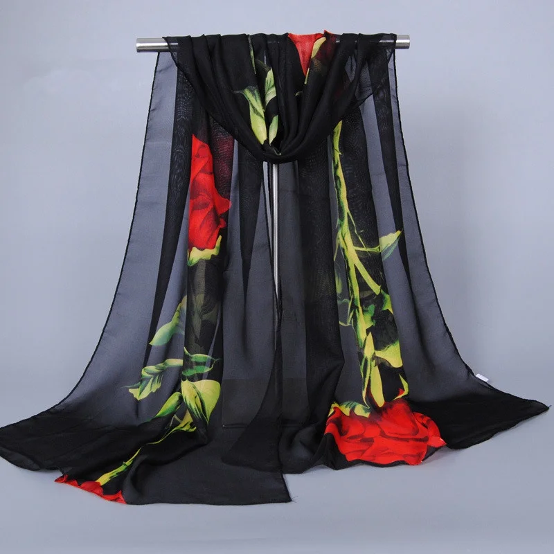 Hijab de seda de gasa para mujer, pañuelos largos y suaves con estampado de flores rosas, Foulard, chales, 1 ud.