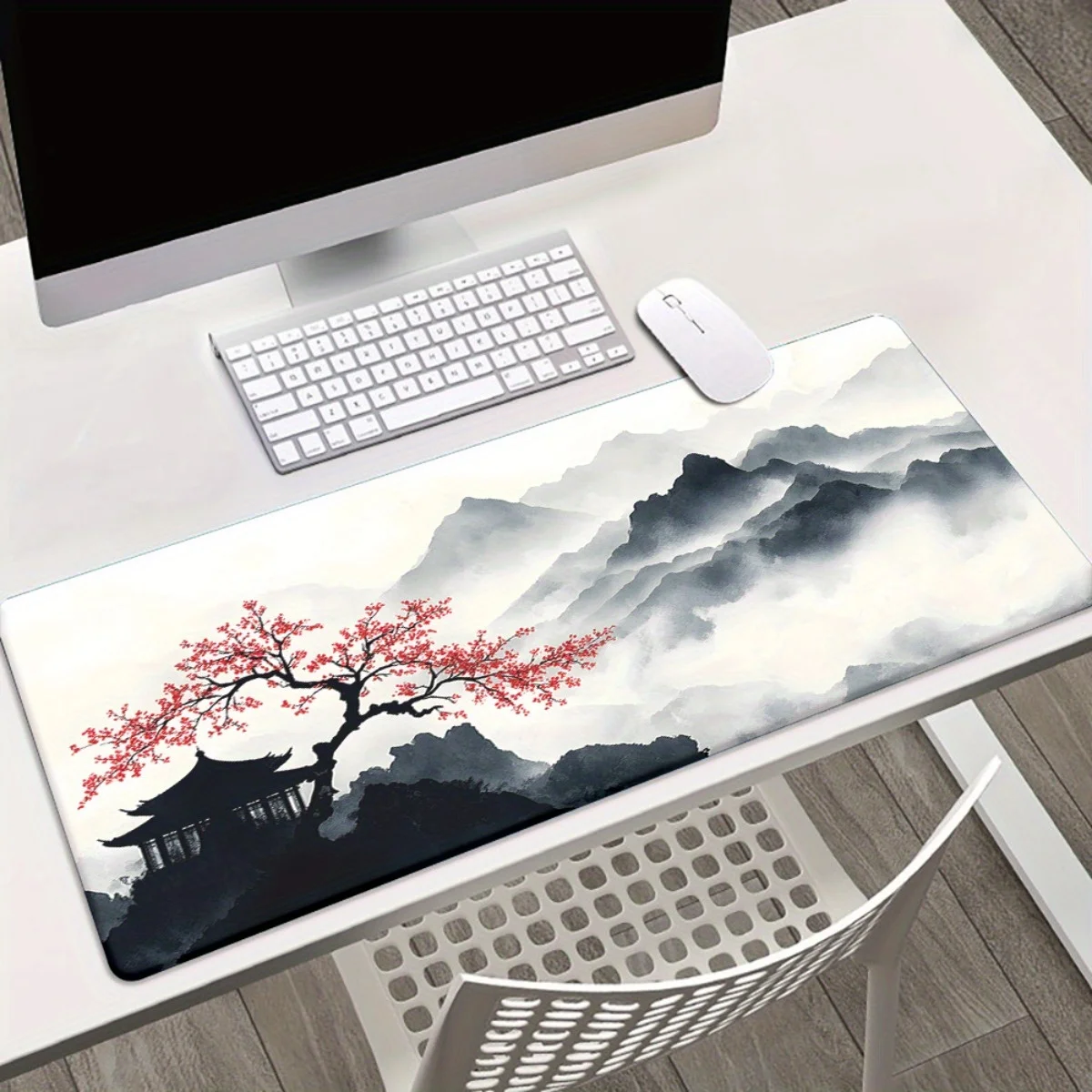 대형 미끄럼 방지 마우스 패드 동아시아 풍경 벚꽃 산 & 탑 디자인 게임용 내구성 있는 2D 평면 표면