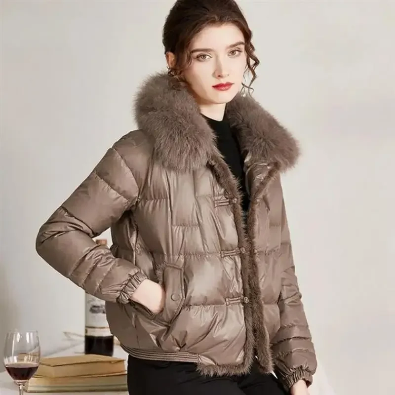 

Real Fox Fur Collar Winter Women 90% White Duck Down Jacket Ladies Short Warm Puffer Coat Female Loose Vintage Parka Down Jacket