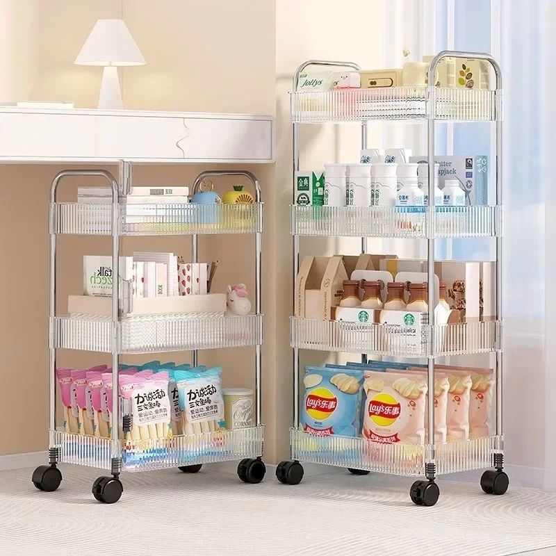 Transparent Acrylic Trolley Storage Rack Multilayer Rolling Cart with Removable Hanging Basket Bathroom Acrylic Makeup Bookshelf