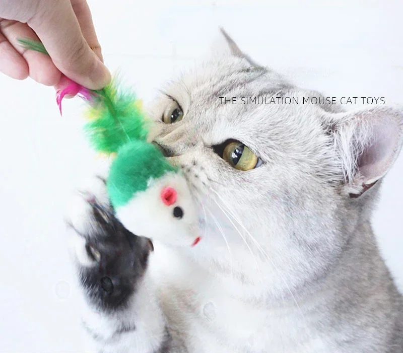 Weiches Fleece, falsche Maus, Katzenspielzeug, bunte Federn, lustiges Spielspielzeug für Katzen, interaktives Spielzeug, Gnosticio Sa Kikhoi Ljetes Para Gatos