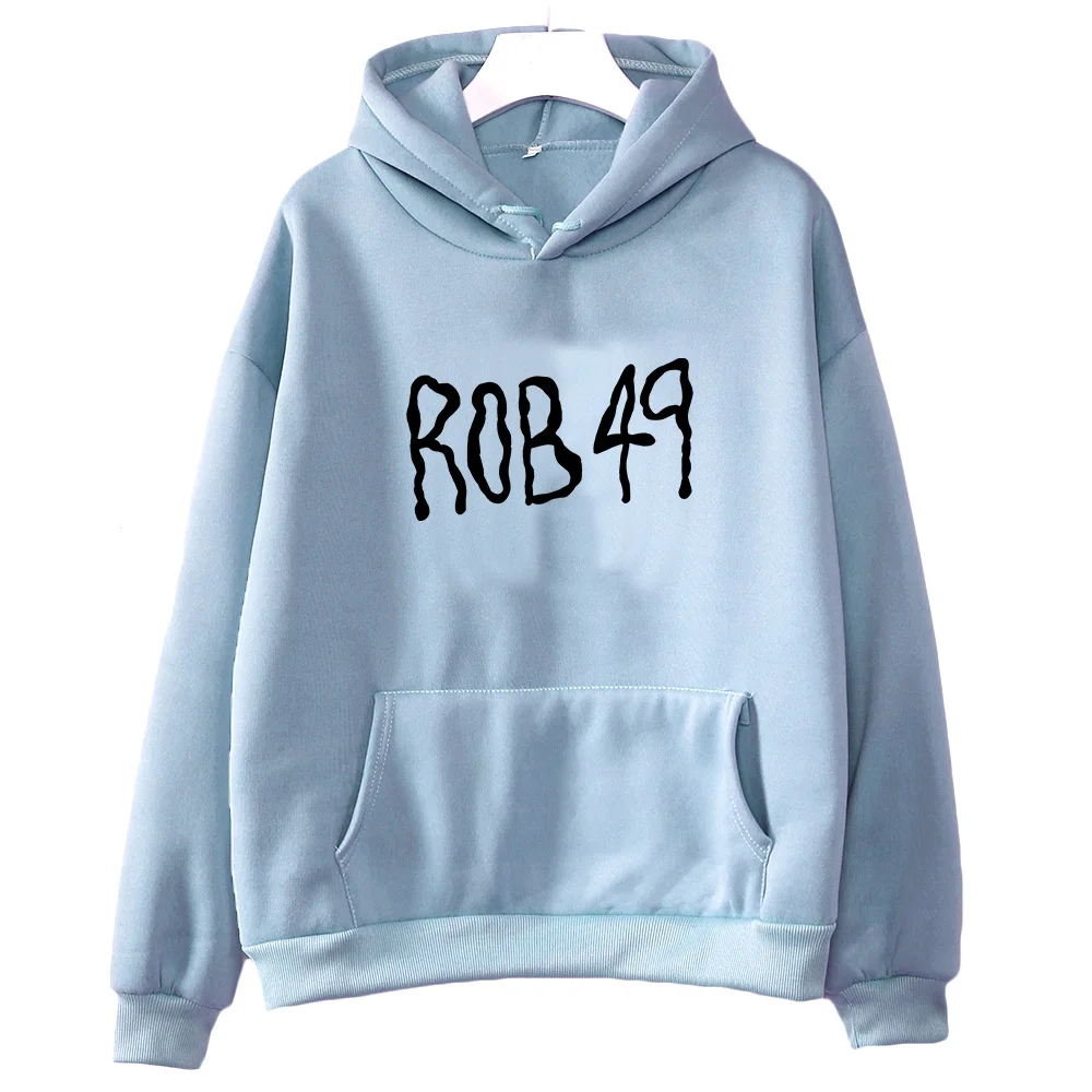 Rob49พิมพ์ตัวอักษรมีฮู้ดเสื้อฮิปฮอปแขนยาวใส่สบายมีกระเป๋าเสื้อผ้าแนวย้อนยุคมีฮู้ดนุ่ม