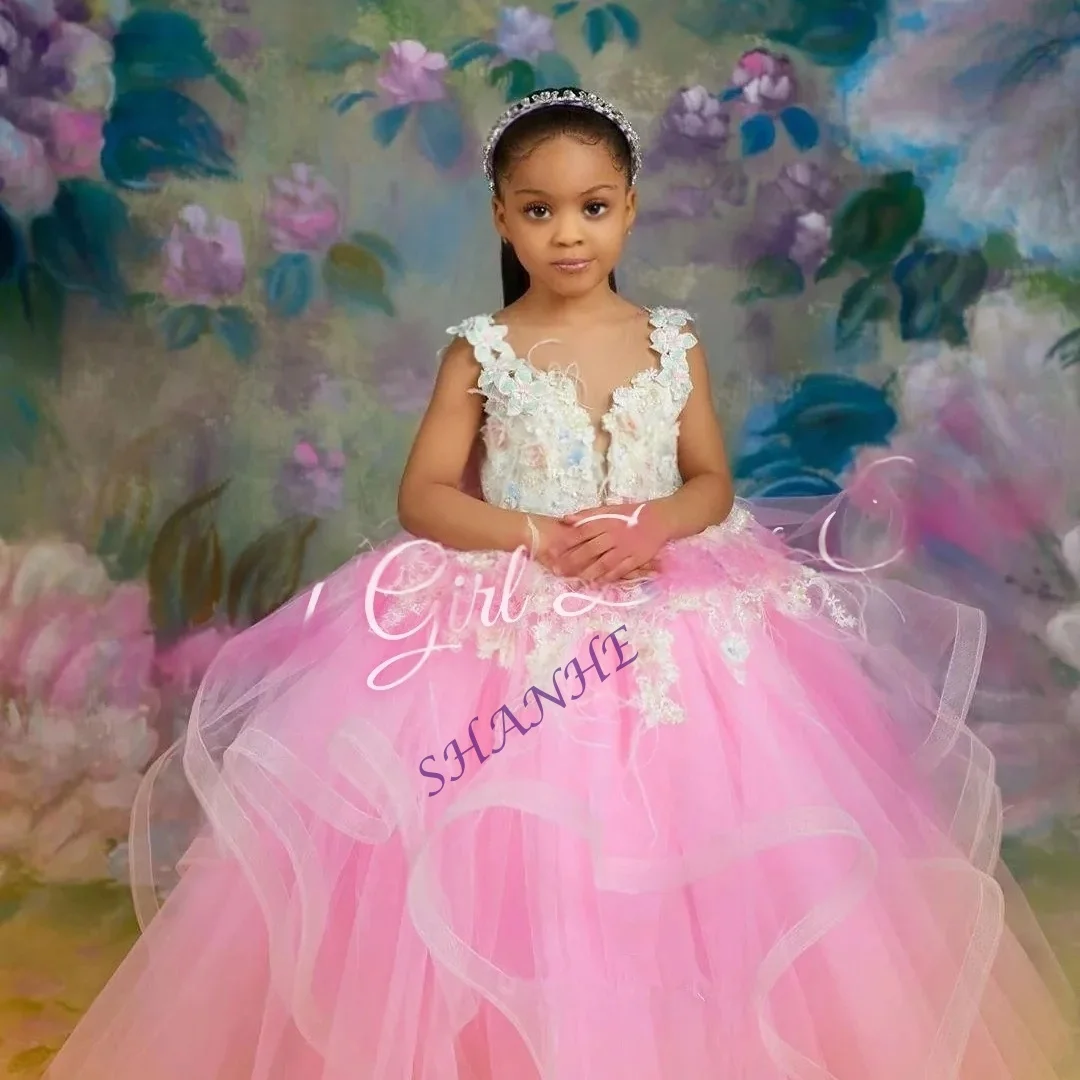 فساتين فتاة الزهور السوداء لحفلات الزفاف مزينة بالدانتيل الأحمر للفتيات والأطفال فستان حفلة عيد ميلاد أول فساتين التواصل المقدس حسب الطلب #1