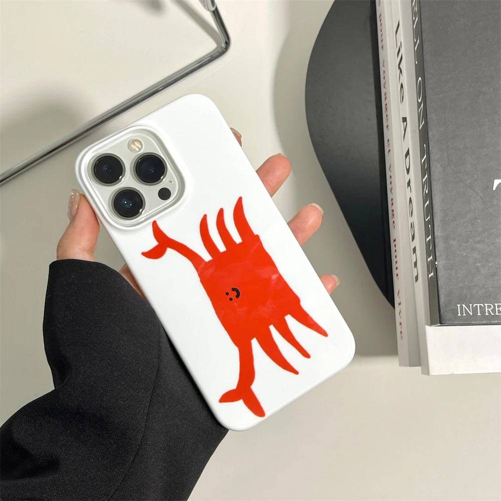 Ins Korean Cute Simple Graffiti Red Crab Phone Case for iPhone 16 15 14 13 12 11 Pro Max XS XR XSMax 6 7 8 Plus Glossy HD Cover