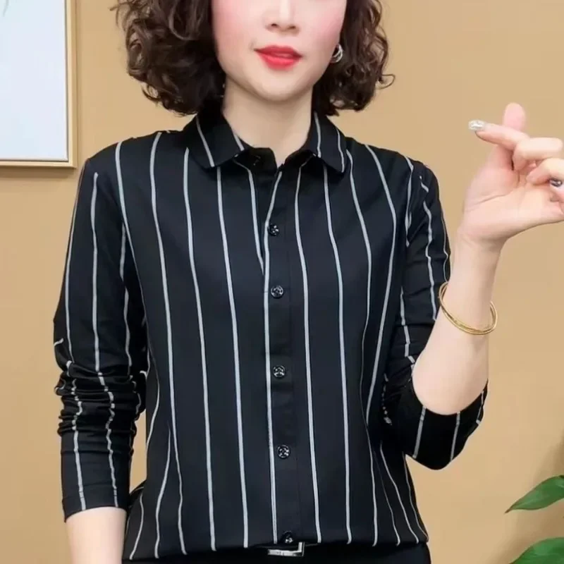 

Spring Women's Turn-down Collar Solid Striped Button Long Sleeve Shirt Cardigan Casual Formal Elegant Office Lady Tops E8792