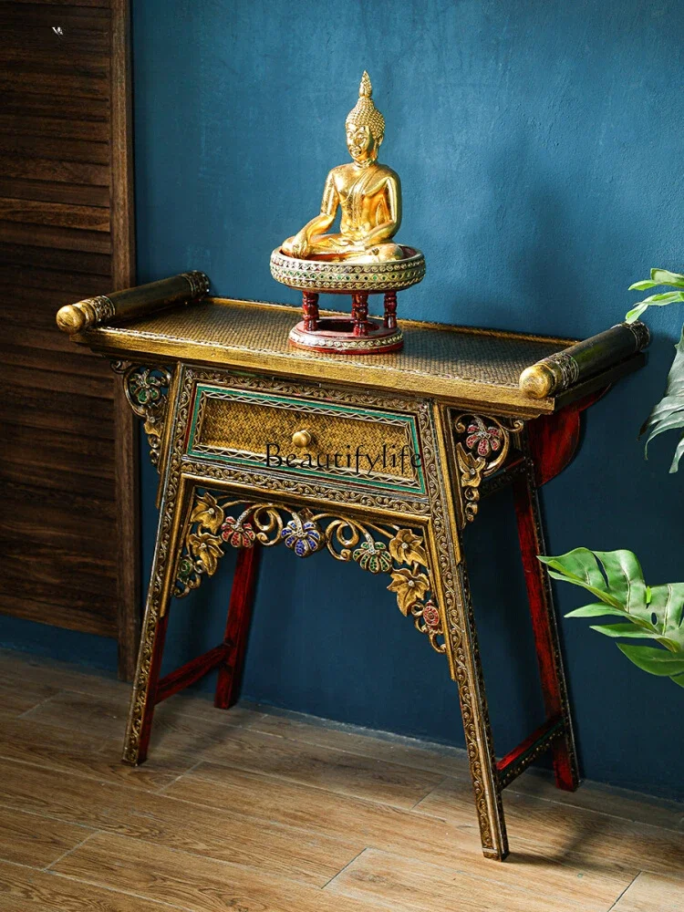 Antique solid wood Chinese offering table incense case simple modern Buddhist table offering table gold foil casket