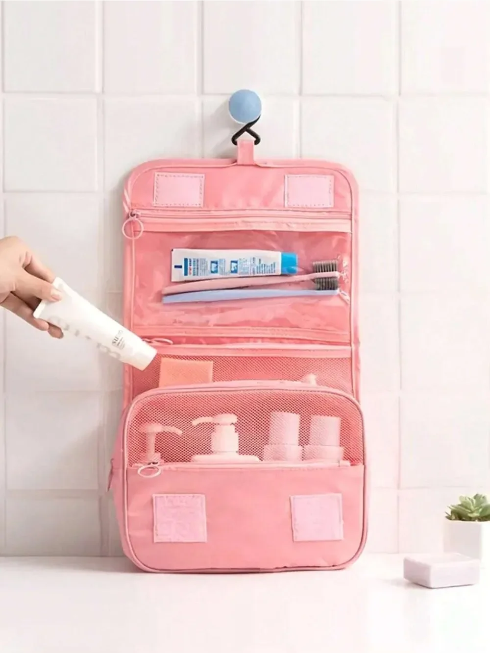 1pc Travel Toiletry Bag, Portable Cosmetic Wall Hanging Makeup Storage Bag For Shower Room Accessories