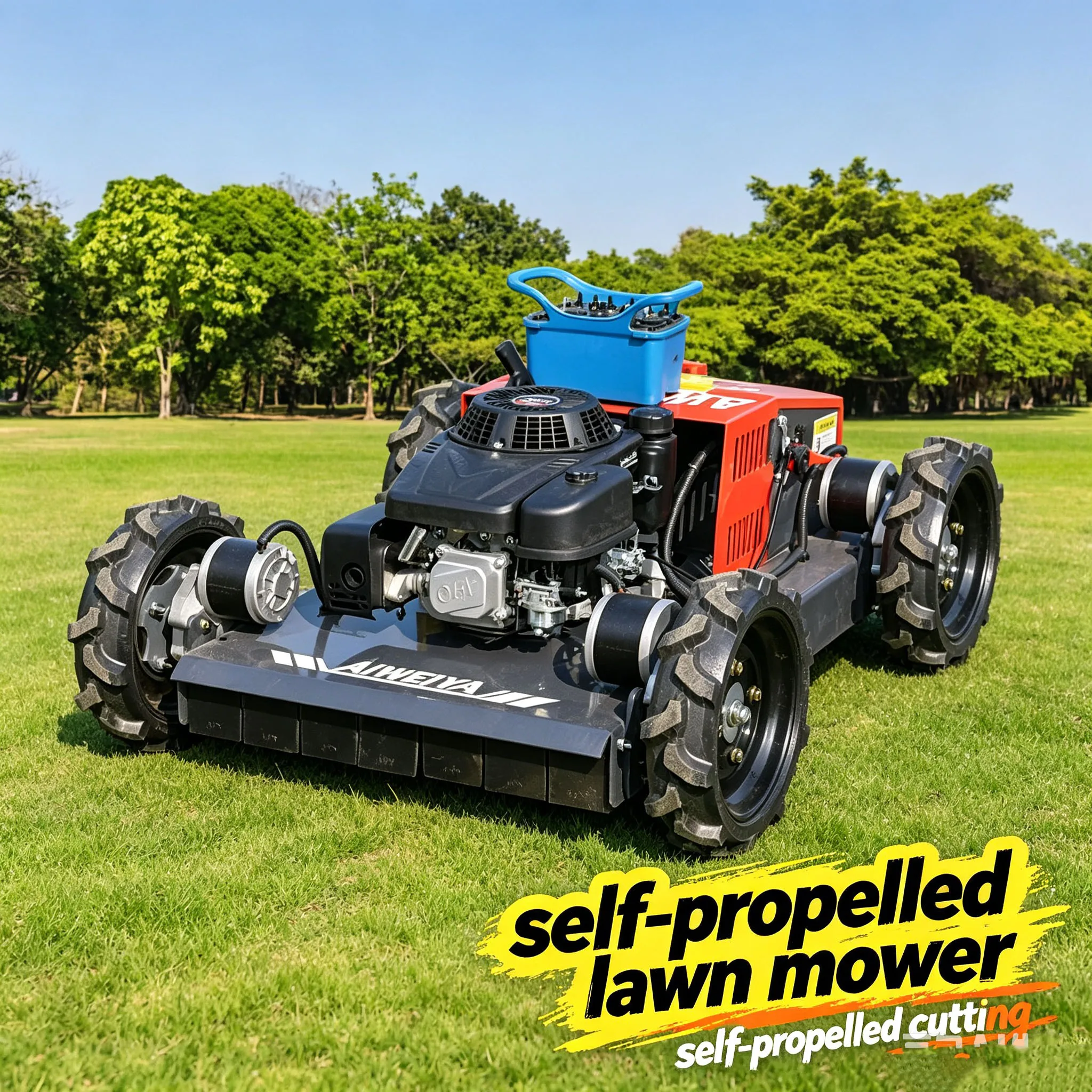 Équipement de maintenance des pelouses tout-terrain personnalisé, permettant une tonte stable grâce à une tondeuse à gazon télécommandée, moteur 4 temps.