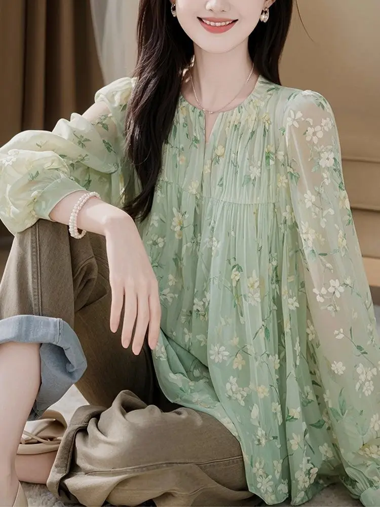 

French Style Unique Green Floral Chiffon Blouse Women Korean Style Clothes Designer Office Elegant Blouse Chiffon Blouses Women