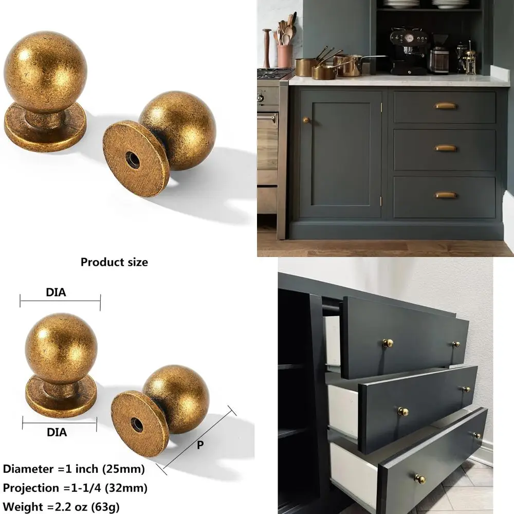 

Vintage Brass Finish Solid Round Kitchen Cabinet Knobs, 1 Inch Diameter, 30 Pack, Antique Style, Ball Knobs