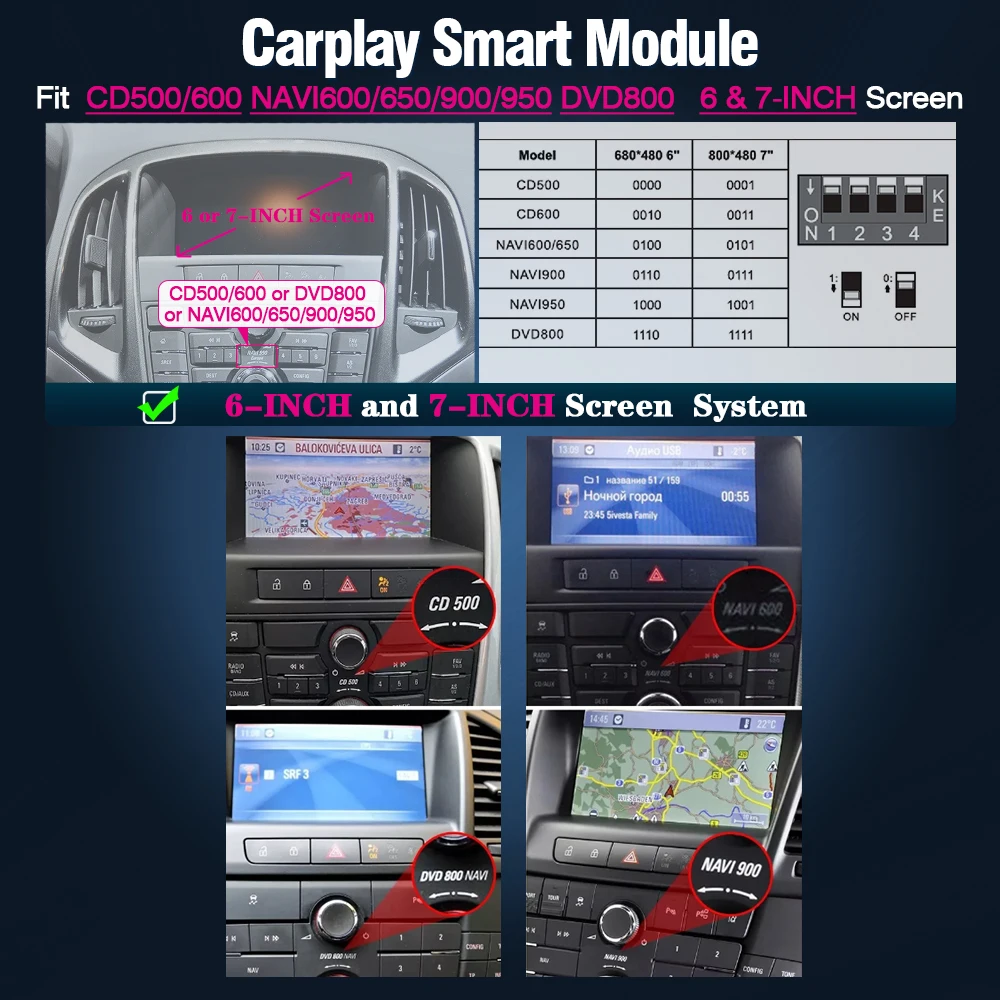AUTOTOP Wireless CarPlay und Android für Opel CD 500 600 NAVI 600 650 900 950 DVD 800 Multimedia-Modul, passend für 6- und 7-Zoll-Bildschirme