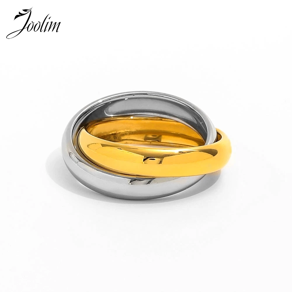 

Joolim Jewelry Wholesale High End PVD No Fade Fashion Smooth Shiny Two-tone Double Circle Wide Stainless Steel Ring For Women