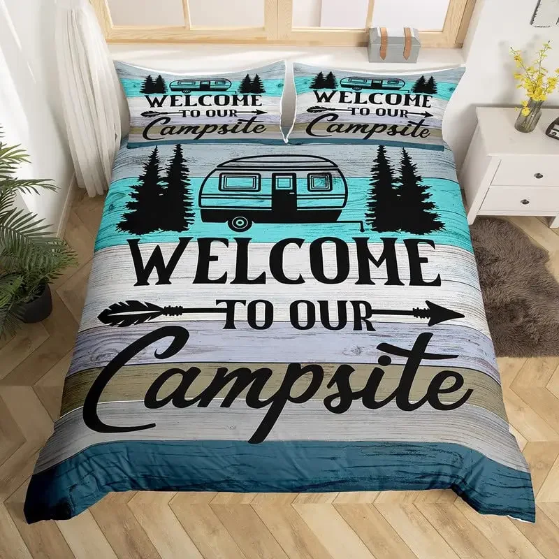 

Camper Bedding Set Kids Happy Camping Duvet Cover Set Microfiber RV Camping Quilt Cover Camper Accessories For Travel Trailers